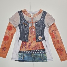 Faux Real Women’s Size L Graphic Print Biker Tattoo Scoop Neck Long Sleeve Tee picture