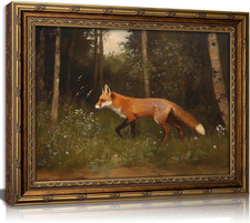 Vintage Gold Framed Red Fox Wall Art, Forest Wild Fox Oil Painting Canvas Print, picture