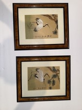 Pair Framed Hand Painted Asian Crane Bird Paintings with Calligraphy picture