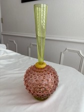 Signed Vintage Art Glass Hobnail Bud Vase Pink Olive Green Yellow Collar 13