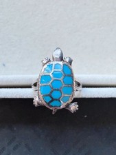 Vintage Sterling Zuni Style Turquoise Inlay Articulated Turtle Ring picture