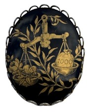 Vintage Black & Gold Libra Scale Zodiac Cameo Brooch Pin - Mid Century 70s picture