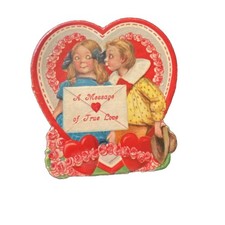 Antique Girl Valentine 3 1/2 In Germany Die Cut Boy Girl 1900s True Love Heart picture