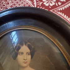 Vintage lithograph Portrait Of Girl In Blue Dress Oval  Wooden Frame picture