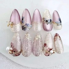 🌸 Elegant Glitter Floral Press-On Nails – 24Pcs Reusable Set picture