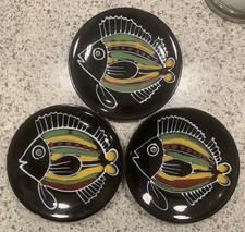 3 Rare 9.25” French Hand Painted Robert Picault Fish Black Ceramic Dinner Plates picture