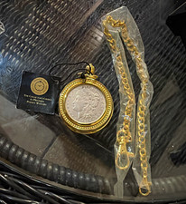 Franklin Mint Full Hunter Skeleton Pocket Watch Gold Plated w/ Chain picture