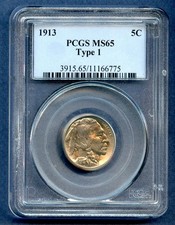 1913 P PCGS MS65 Buffalo Nickel 5c US Mint Coin 1913-P MS-65 Type 1 OBH Color  picture