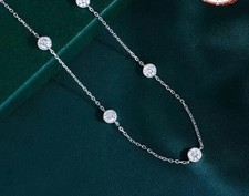 14k White Gold Round Natural Diamond By The Yard Bezel Station Necklace 18