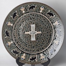 Signed Folk Art Studio Pottery Wax Resist Salt Glaze Buffalo Plate 17