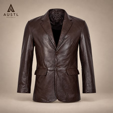 Men's Brown Leather Blazer 2 Button Tailored Sport Coat Formal Jacket picture