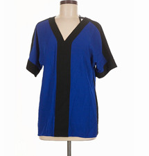 DKNY Women’s Blue/Black Colorblock V-Neck Short Sleeve Pullover Blouse M picture