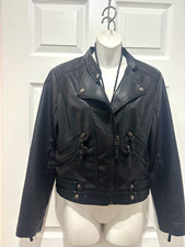 Tanming Women's Black Moto Biker Jacket Zip Collared Pockets Size S picture