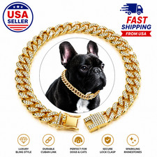 Luxury Bling Pet Chain Collar Gold Cuban Link Dog Cat Necklace Rhinestone Collar picture
