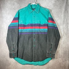 VINTAGE Wrangler Brushpopper Shirt Mens 16.5 35 Blue Striped Button Up Western picture