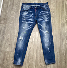 Dsquared2 Slim Jean Men's 50x34 Blue Denim Slim Straight Distressed Paint picture