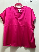 Nicole Miller New York Women's XL Hot Pink Satin Split V-Neck Cap Sleeve Blouse picture