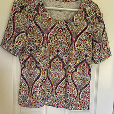 Talbots Women’s Multicolor Paisley Short Sleeve Round Neck Button Cotton Knit picture