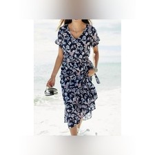 J. Jill Navy Floral Asymmetrical Wrap Maxi Dress picture