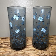 Vintage Libbey Tawny Blue Floral Tumblers Set of 2 Tall Glasses 6.5” Retro MCM picture
