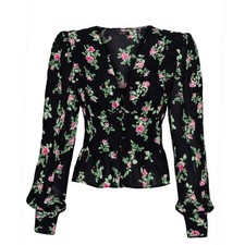AFRM NWT Women Olivier Button Front Crepe Top Noir Fleur Size XS picture