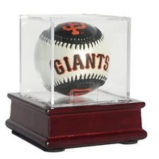 Baseball Holder Display Case Cube, Cherry Finish Wood Stand UV Protection Cube picture
