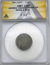 1887 120 Reis Azores Countermark G.P. Spain 1 Real ANACS F12 Portugal Luis I ... picture