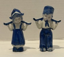 Vintage Porcelain Dutch Boy and Girl Carrying Water Yokes Figurines Blue White picture