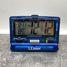 Vintage L.L. Bean Translucent Blue Case Folding Travel Alarm Clock + Temperature picture