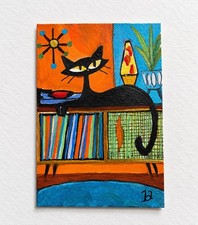 Credenza Supervisor Cat ACEO Hand Painted Original Funny Retro Mid Century Art picture