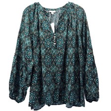 J Jill  Women's Top Sz XL Petite Blue Black Medallian Long Sleeve Buttons V Neck picture