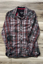 Roar Men's Gray Red Black Plaid Long Sleeve Button-Up Shirt Embroidered Y2K picture