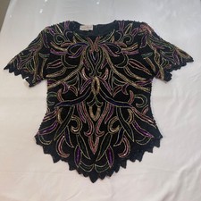 Vintage Laurence Kazar XL Silk Beaded Sequin Top Black Multicolor 80s Glam picture