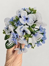 Vintage French Beaded Flower Bouquet Clear Iridescent Blue Green Handmade Floral picture