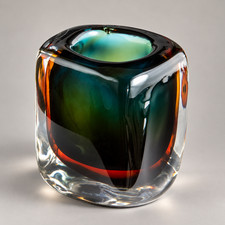 New Flavio Poli Style Sommerso Art Glass Vase in Blue Green Amber 8
