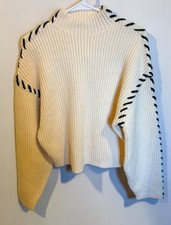 BLANKNYC Women's Ivory Mock Neck Sweater Whipstitch Trim NWT Grandmacore XS picture