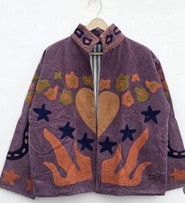 Boho Corduroy Embroidered Jacket Folk Art Heart Star Floral Hippie Gypsy Coat picture