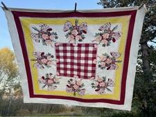 Vintage 1940S 50S 60S Tablecloth White Red Yellow Check Floral ~ 45x61” Cute ￼ picture