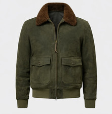 Men’s Olive Green Suede Bomber Jacket with Brown Shearling Collar picture