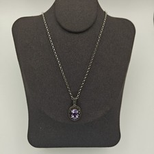 Vtg Amethyst Sterling Silver Marcasite Oval Pendant Necklace 5.42g 17