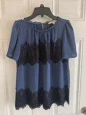 NWT LOFT Boho Blouse Women’s Top XS Blue Black Lace Trim Relaxed Fit Preppy picture