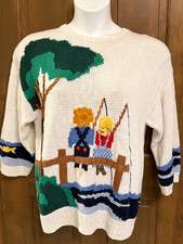 VTG Marisa Christina Cotton Ramie Sweater Boy Girl Fishing Dock Lake Cottage picture