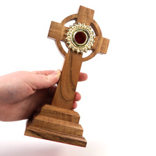 Wooden Cross Monstrance with Brass Relic Holder With Felt Bottom 8.75 Inches picture