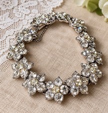 Vintage Signed BOGOFF Rhinestone Flower Bracelet 6.5” Safety Chain 1950s picture
