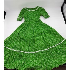 Vintage Green Floral Prairie Dress Rickrack Trim Maxi Cottagecore Handmade picture