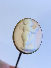 Victorian Hand Carved Angel Skin Coral Cherub Putti Cameo Stick Pin 6.75” picture