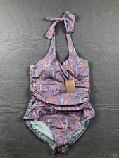 Boden Swimsuit Womens 10 Blue Floral Halter One Piece Padded Lined S0183 NWT picture