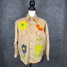Vintage 70s Flower Applique Shirt Womens M Tan 3D Floral Kidcore OOAK Folk Artsy picture