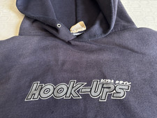 Vintage Hook Ups Hoodie Y2K Men L Blue Pullover -Soft Cotton Faded Skateboard picture