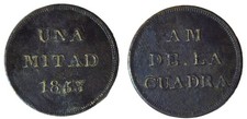 RARE COLUMBIA FICHA - UNA MITAD 1855 - AM DE.LA CUADRA TOKEN - 28 mm - EC 10011 picture